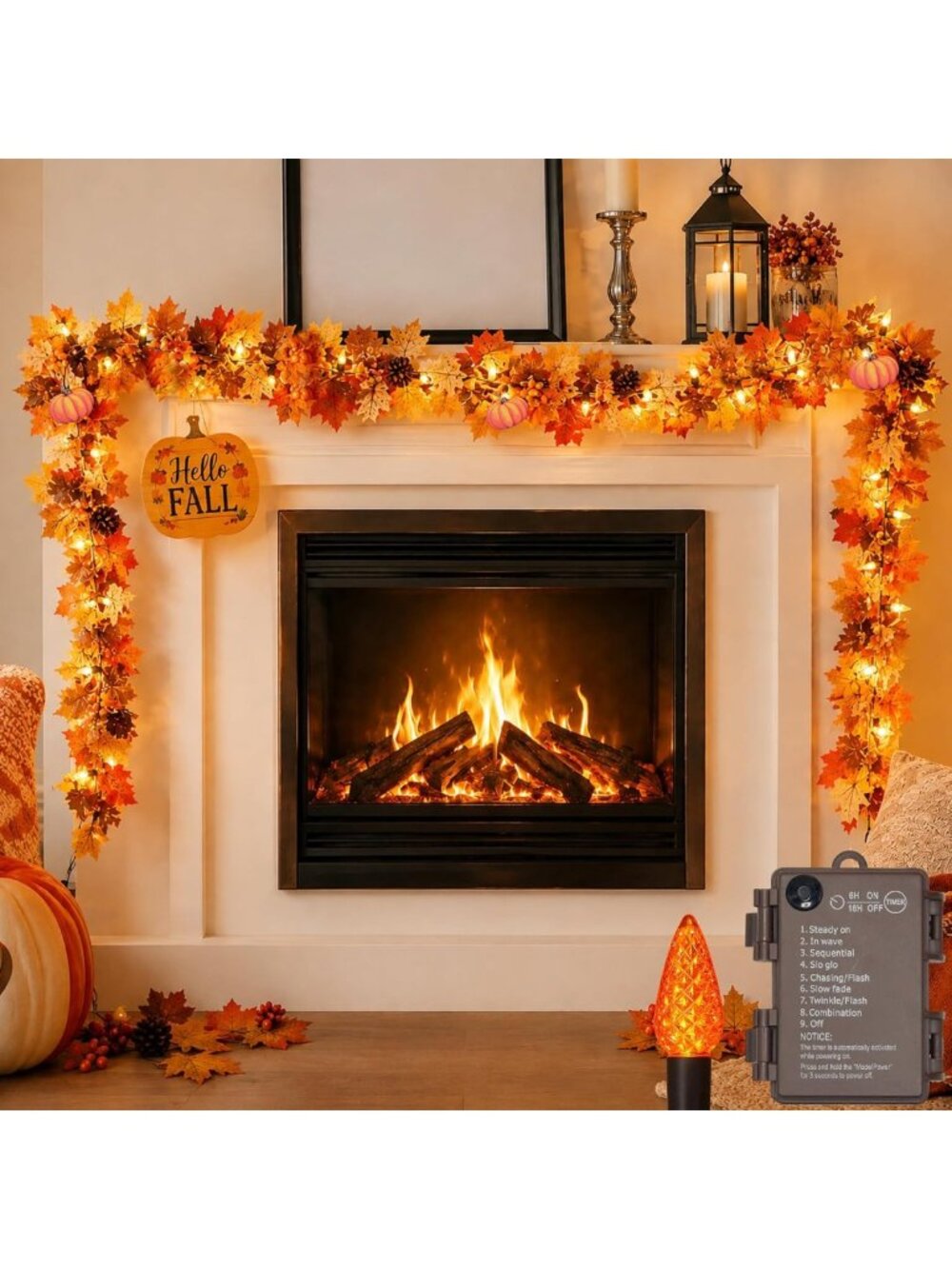 10Ft Lighted Fall Garland with Battery Operated Orange Lights, Maple Leaves